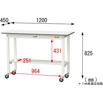 軽量作業台/耐荷重128kg_移動式H825_半面棚板付_ワークテーブル150シリーズ 山金工業