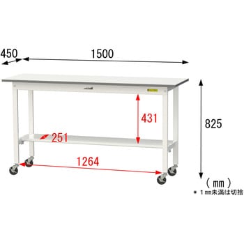 軽量作業台/耐荷重128kg_移動式H825_半面棚板付_ワークテーブル150シリーズ 山金工業