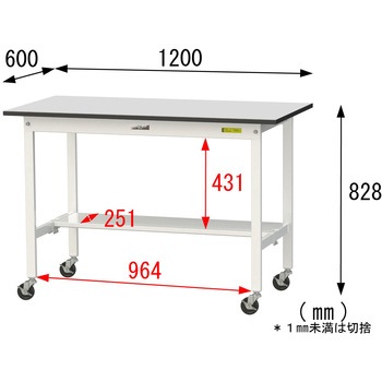 軽量作業台/耐荷重128kg_移動式_半面棚板付き_RoHS2指令対応塩ビシート天板_ワークテーブル150シリーズ 山金工業
