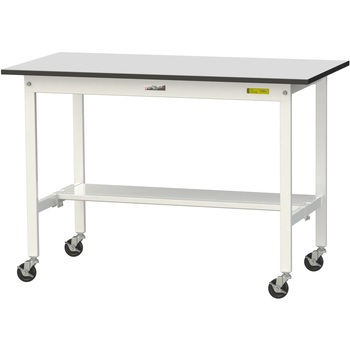 軽量作業台/耐荷重128kg_移動式_半面棚板付き_RoHS2指令対応塩ビシート天板_ワークテーブル150シリーズ 山金工業