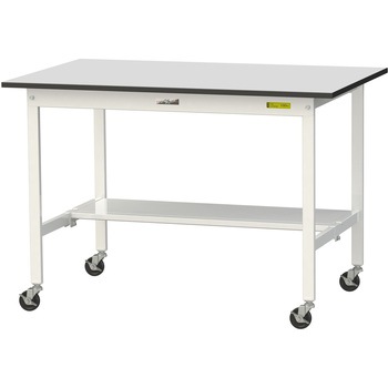 軽量作業台/耐荷重128kg_移動式_半面棚板付き_RoHS2指令対応塩ビシート天板_ワークテーブル150シリーズ 山金工業