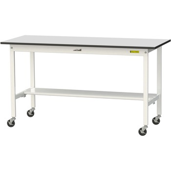 軽量作業台/耐荷重128kg_移動式_半面棚板付き_RoHS2指令対応塩ビシート天板_ワークテーブル150シリーズ 山金工業
