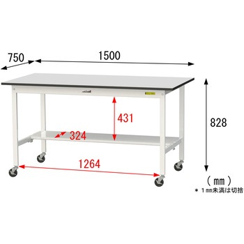 軽量作業台/耐荷重128kg_移動式_半面棚板付き_RoHS2指令対応塩ビシート天板_ワークテーブル150シリーズ 山金工業