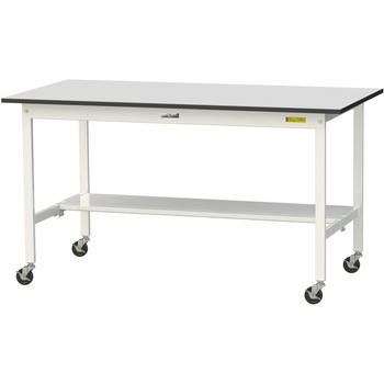 軽量作業台/耐荷重128kg_移動式_半面棚板付き_RoHS2指令対応塩ビシート天板_ワークテーブル150シリーズ 山金工業