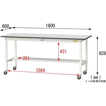 軽量作業台/耐荷重128kg_移動式_半面棚板付き_RoHS2指令対応塩ビシート天板_ワークテーブル150シリーズ 山金工業