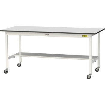 軽量作業台/耐荷重128kg_移動式_半面棚板付き_RoHS2指令対応塩ビシート天板_ワークテーブル150シリーズ 山金工業