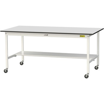 軽量作業台/耐荷重128kg_移動式_半面棚板付き_RoHS2指令対応塩ビシート天板_ワークテーブル150シリーズ 山金工業
