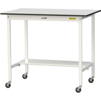 軽量作業台/耐荷重128kg_移動式_半面棚板付き_RoHS2指令対応塩ビシート天板_ワークテーブル150シリーズ 山金工業