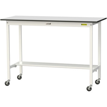 軽量作業台/耐荷重128kg_移動式_半面棚板付き_RoHS2指令対応塩ビシート天板_ワークテーブル150シリーズ 山金工業
