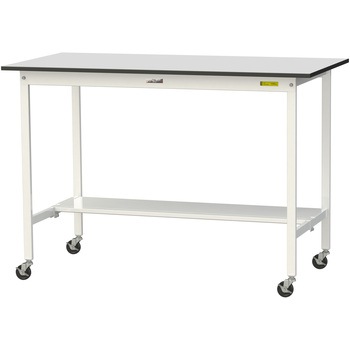軽量作業台/耐荷重128kg_移動式_半面棚板付き_RoHS2指令対応塩ビシート天板_ワークテーブル150シリーズ 山金工業