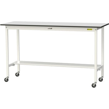 軽量作業台/耐荷重128kg_移動式_半面棚板付き_RoHS2指令対応塩ビシート天板_ワークテーブル150シリーズ 山金工業