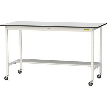 軽量作業台/耐荷重128kg_移動式_半面棚板付き_RoHS2指令対応塩ビシート天板_ワークテーブル150シリーズ 山金工業