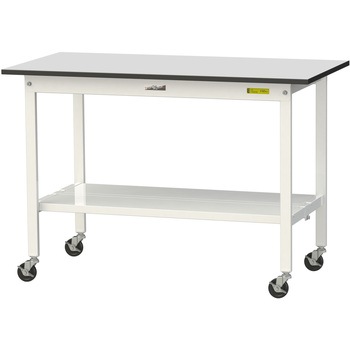 軽量作業台/耐荷重128kg_移動式_全面棚板付き_RoHS2指令対応塩ビシート天板_ワークテーブル150シリーズ 山金工業