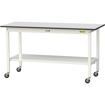 軽量作業台/耐荷重128kg_移動式_全面棚板付き_RoHS2指令対応塩ビシート天板_ワークテーブル150シリーズ 山金工業