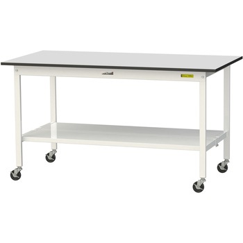 軽量作業台/耐荷重128kg_移動式_全面棚板付き_RoHS2指令対応塩ビシート天板_ワークテーブル150シリーズ 山金工業