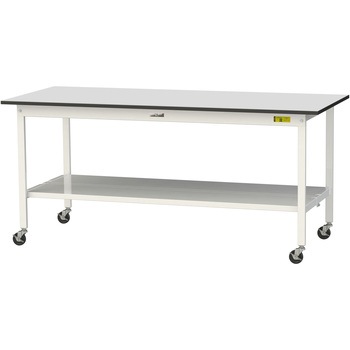 軽量作業台/耐荷重128kg_移動式_全面棚板付き_RoHS2指令対応塩ビシート天板_ワークテーブル150シリーズ 山金工業