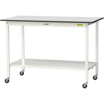 軽量作業台/耐荷重128kg_移動式_全面棚板付き_RoHS2指令対応塩ビシート天板_ワークテーブル150シリーズ 山金工業