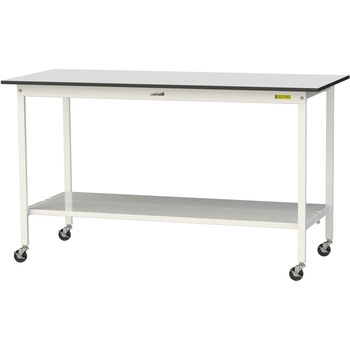 軽量作業台/耐荷重128kg_移動式_全面棚板付き_RoHS2指令対応塩ビシート天板_ワークテーブル150シリーズ 山金工業
