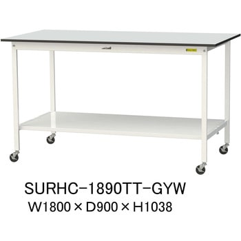 軽量作業台/耐荷重128kg_移動式_全面棚板付き_RoHS2指令対応塩ビシート天板_ワークテーブル150シリーズ 山金工業