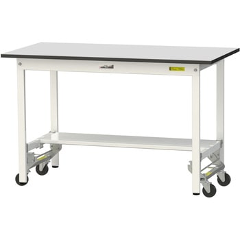 軽量作業台/耐荷重150kg_ワンタッチ移動式_半面棚板付き_RoHS2指令対応塩ビシート天板_ワークテーブル150シリーズ 山金工業
