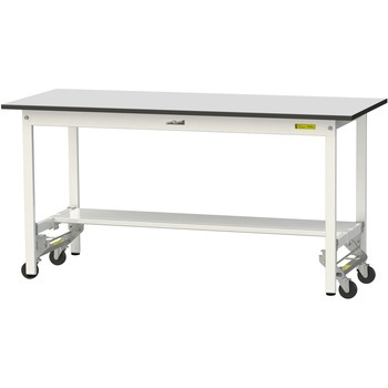 軽量作業台/耐荷重150kg_ワンタッチ移動式_半面棚板付き_RoHS2指令対応塩ビシート天板_ワークテーブル150シリーズ 山金工業