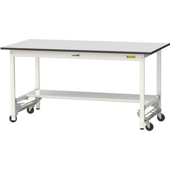 軽量作業台/耐荷重150kg_ワンタッチ移動式_半面棚板付き_RoHS2指令対応塩ビシート天板_ワークテーブル150シリーズ 山金工業