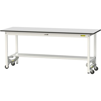 軽量作業台/耐荷重150kg_ワンタッチ移動式_半面棚板付き_RoHS2指令対応塩ビシート天板_ワークテーブル150シリーズ 山金工業