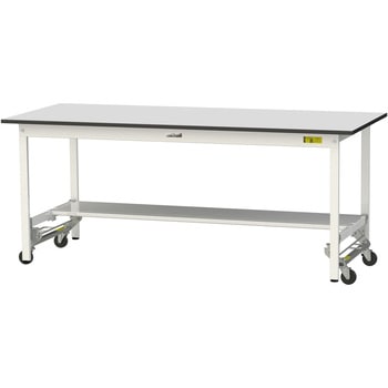 軽量作業台/耐荷重150kg_ワンタッチ移動式_半面棚板付き_RoHS2指令対応塩ビシート天板_ワークテーブル150シリーズ 山金工業