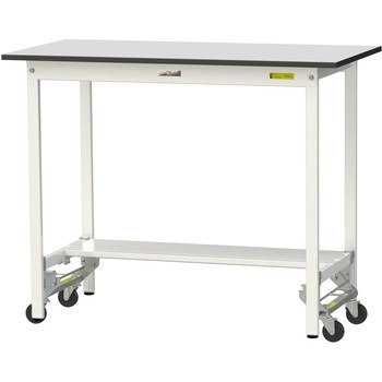 軽量作業台/耐荷重150kg_ワンタッチ移動式_半面棚板付き_RoHS2指令対応塩ビシート天板_ワークテーブル150シリーズ 山金工業