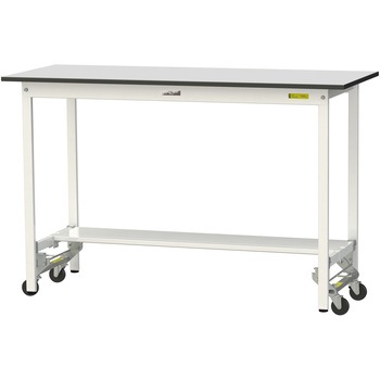 軽量作業台/耐荷重150kg_ワンタッチ移動式_半面棚板付き_RoHS2指令対応塩ビシート天板_ワークテーブル150シリーズ 山金工業