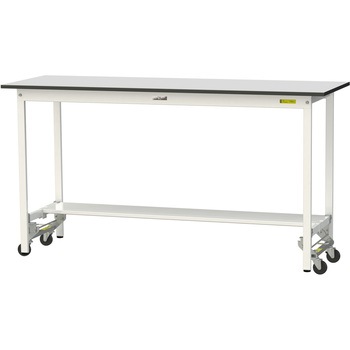 軽量作業台/耐荷重150kg_ワンタッチ移動式_半面棚板付き_RoHS2指令対応塩ビシート天板_ワークテーブル150シリーズ 山金工業