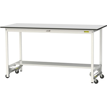 軽量作業台/耐荷重150kg_ワンタッチ移動式_半面棚板付き_RoHS2指令対応塩ビシート天板_ワークテーブル150シリーズ 山金工業