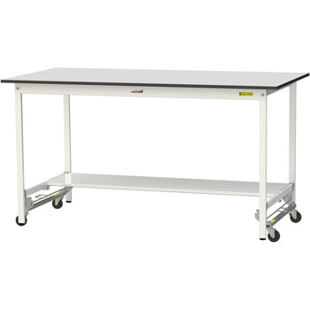 軽量作業台/耐荷重150kg_ワンタッチ移動式_半面棚板付き_RoHS2指令対応塩ビシート天板_ワークテーブル150シリーズ 山金工業