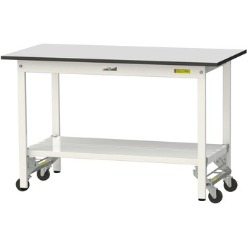 軽量作業台/耐荷重150kg_ワンタッチ移動式_全面棚板付き_RoHS2指令対応塩ビシート天板_ワークテーブル150シリーズ 山金工業