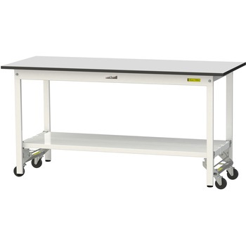軽量作業台/耐荷重150kg_ワンタッチ移動式_全面棚板付き_RoHS2指令対応塩ビシート天板_ワークテーブル150シリーズ 山金工業