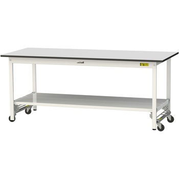 軽量作業台/耐荷重150kg_ワンタッチ移動式_全面棚板付き_RoHS2指令対応塩ビシート天板_ワークテーブル150シリーズ 山金工業