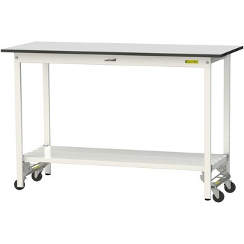 軽量作業台/耐荷重150kg_ワンタッチ移動式_全面棚板付き_RoHS2指令対応塩ビシート天板_ワークテーブル150シリーズ 山金工業