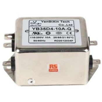 RS PRO EMIフィルタ，電源ラインフィルタ，ノイズフィルタ 単相 10A シャーシーマウント 0.47μF 2*5.5 mH 1.2 / 2.4 mA Two Stage 330kΩ RS PRO
