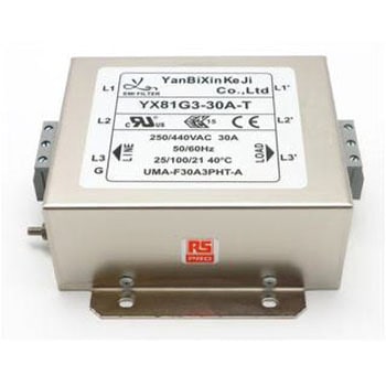 RS PRO EMIフィルタ，電源ラインフィルタ，ノイズフィルタ 三相 30A シャーシーマウント 0.68μF 3*0.8 mH 2.4 / 3.7 mA Single Stage 470kΩ - RS PRO