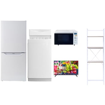 【家電セット】5点セット (6kg洗濯機 106L冷蔵庫 オーブンレンジ 32型液晶テレビ 家電収納ラック) YAMAZEN(山善)