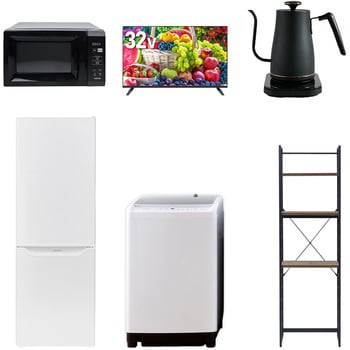 【家電セット】6点セット (8kg洗濯機 173L冷蔵庫 電子レンジ 32型液晶テレビ 温調ケトル 家電収納ラック) YAMAZEN(山善)