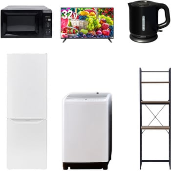 【家電セット】6点セット (8kg洗濯機 173L冷蔵庫 電子レンジ 32型液晶テレビ 電気ケトル 家電収納ラック) YAMAZEN(山善)