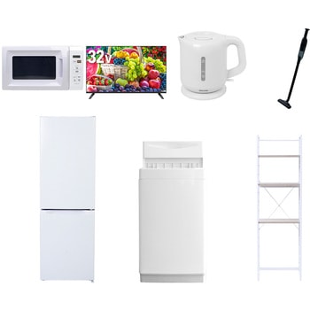 【家電セット】7点セット (6kg洗濯機 157L冷蔵庫 電子レンジ 32型液晶テレビ 電気ケトル 軽量クリーナー 家電収納ラック) YAMAZEN(山善)