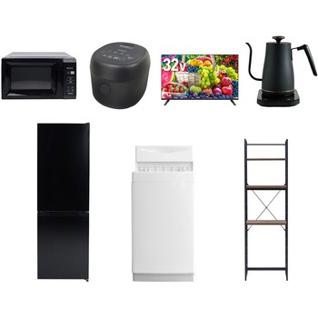 【家電セット】7点セット (6kg洗濯機 157L冷蔵庫 電子レンジ 炊飯器 32型液晶テレビ 温調ケトル 家電収納ラック) YAMAZEN(山善)