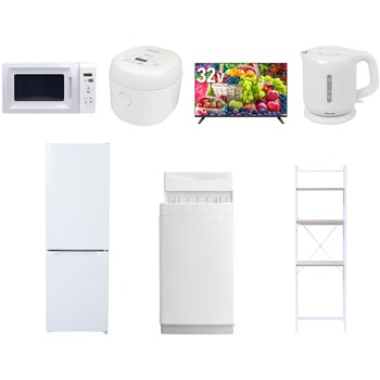 【家電セット】7点セット (6kg洗濯機 157L冷蔵庫 電子レンジ 炊飯器 32型液晶テレビ 電気ケトル 家電収納ラック) YAMAZEN(山善)