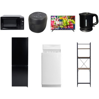 【家電セット】7点セット (6kg洗濯機 157L冷蔵庫 電子レンジ 炊飯器 32型液晶テレビ 電気ケトル 家電収納ラック) YAMAZEN(山善)