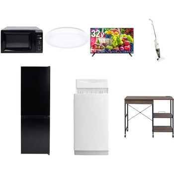 【家電セット】7点セット (6kg洗濯機 157L冷蔵庫 電子レンジ シーリングライト 32型液晶テレビ スティッククリーナー レンジラック) YAMAZEN(山善)