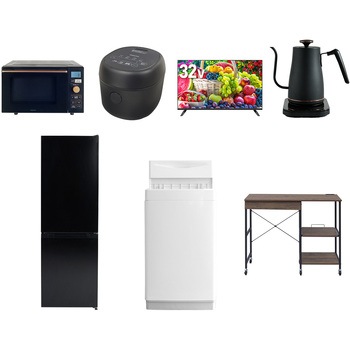 【家電セット】7点セット (6kg洗濯機 157L冷蔵庫 オーブンレンジ 炊飯器 32型液晶テレビ 温調ケトル レンジラック) YAMAZEN(山善)