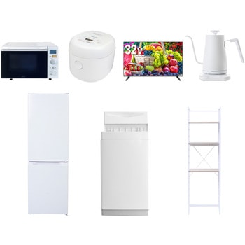【家電セット】7点セット (6kg洗濯機 157L冷蔵庫 オーブンレンジ 炊飯器 32型液晶テレビ 温調ケトル 家電収納ラック) YAMAZEN(山善)