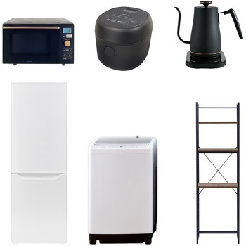 【家電セット】6点セット (8kg洗濯機 173L冷蔵庫 オーブンレンジ 炊飯器 温調ケトル 家電収納ラック) YAMAZEN(山善)